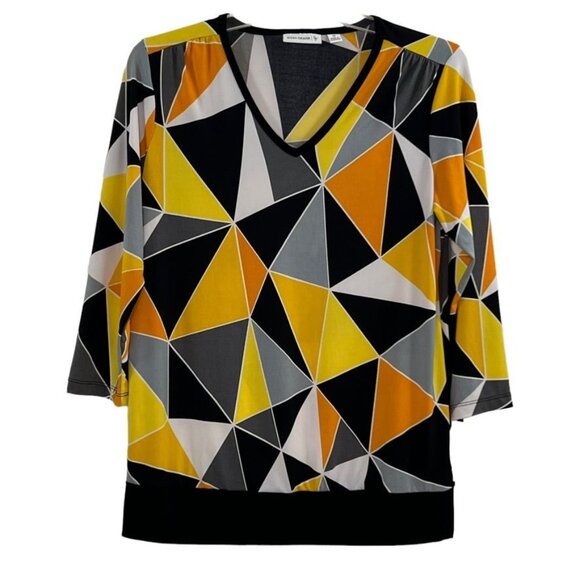 Susan Graver Pullover Top Orange Black Print Size XS 3/4 Sleeve V Neck Band Wais - Picture 8 of 11